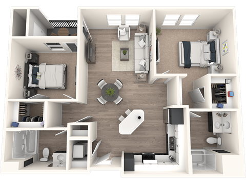 A 3D floor plan of a house layout.